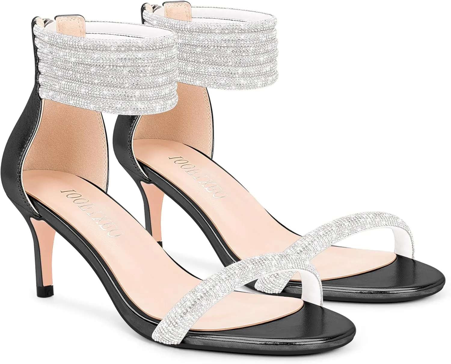 100FIXEO Rhinestone Embellishment Stiletto Heels Sandals Open Toe Ankle Strap Wedding Dress Shoes