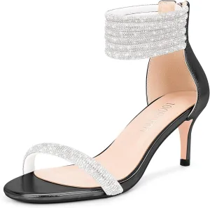 100FIXEO Rhinestone Embellishment Stiletto Heels Sandals Open Toe Ankle Strap Wedding Dress Shoes