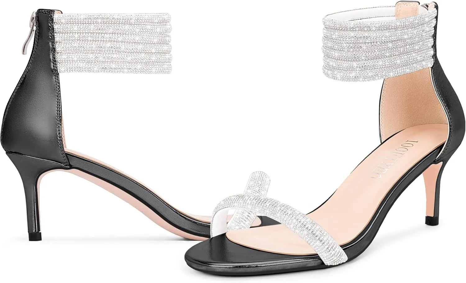 100FIXEO Rhinestone Embellishment Stiletto Heels Sandals Open Toe Ankle Strap Wedding Dress Shoes