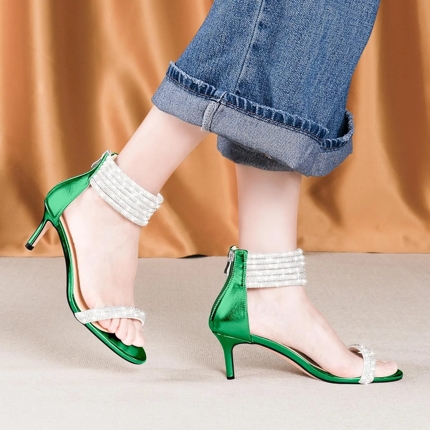 100FIXEO Rhinestone Embellishment Stiletto Heels Sandals Open Toe Ankle Strap Wedding Dress Shoes