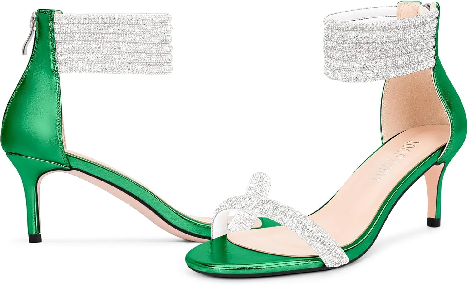 100FIXEO Rhinestone Embellishment Stiletto Heels Sandals Open Toe Ankle Strap Wedding Dress Shoes