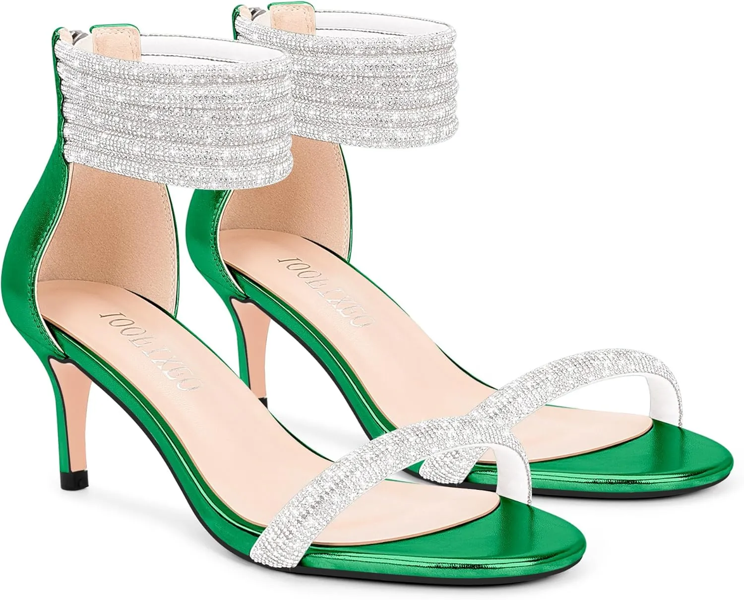 100FIXEO Rhinestone Embellishment Stiletto Heels Sandals Open Toe Ankle Strap Wedding Dress Shoes