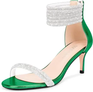 100FIXEO Rhinestone Embellishment Stiletto Heels Sandals Open Toe Ankle Strap Wedding Dress Shoes