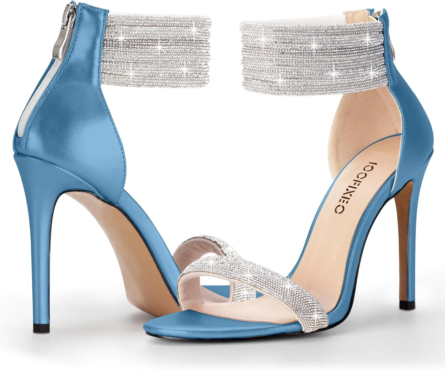 100FIXEO Sexy High Heeled Rhinestone Sandals Elegant Open Toe ankle strap Stiletto Heel Wedding Dress Shoes