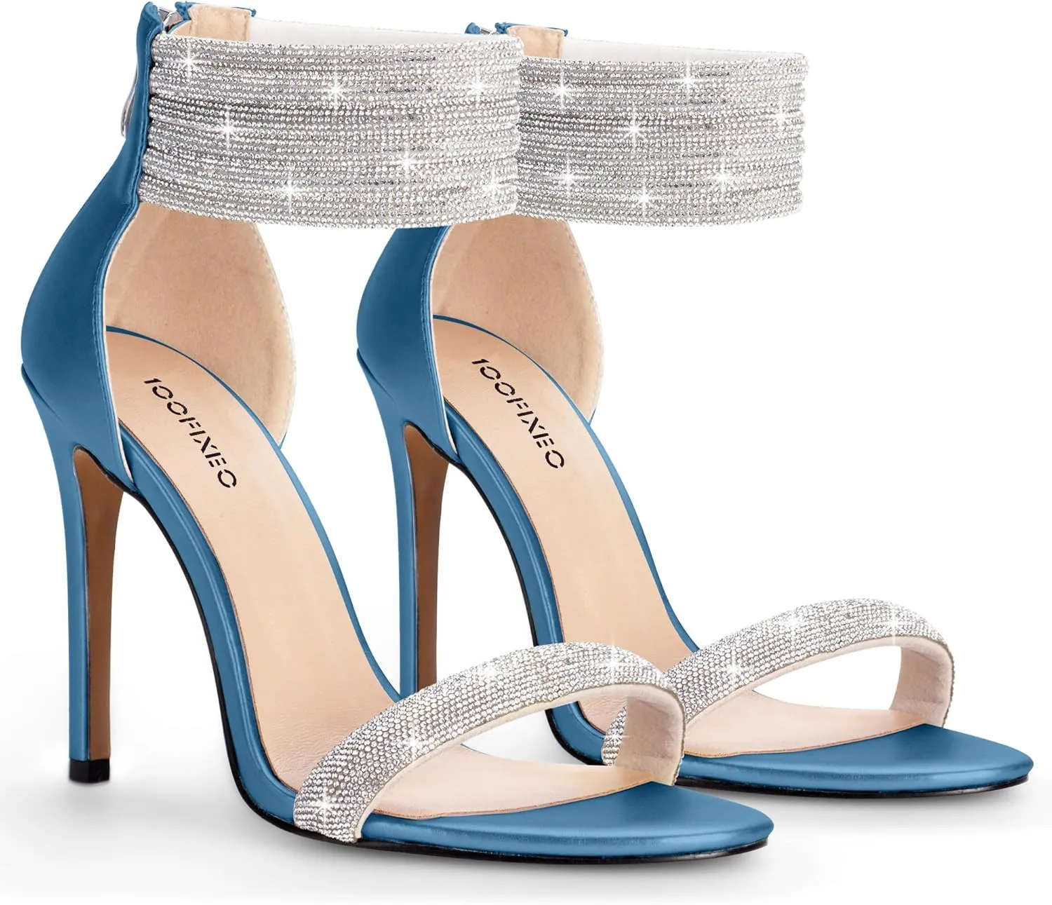 100FIXEO Sexy High Heeled Rhinestone Sandals Elegant Open Toe ankle strap Stiletto Heel Wedding Dress Shoes