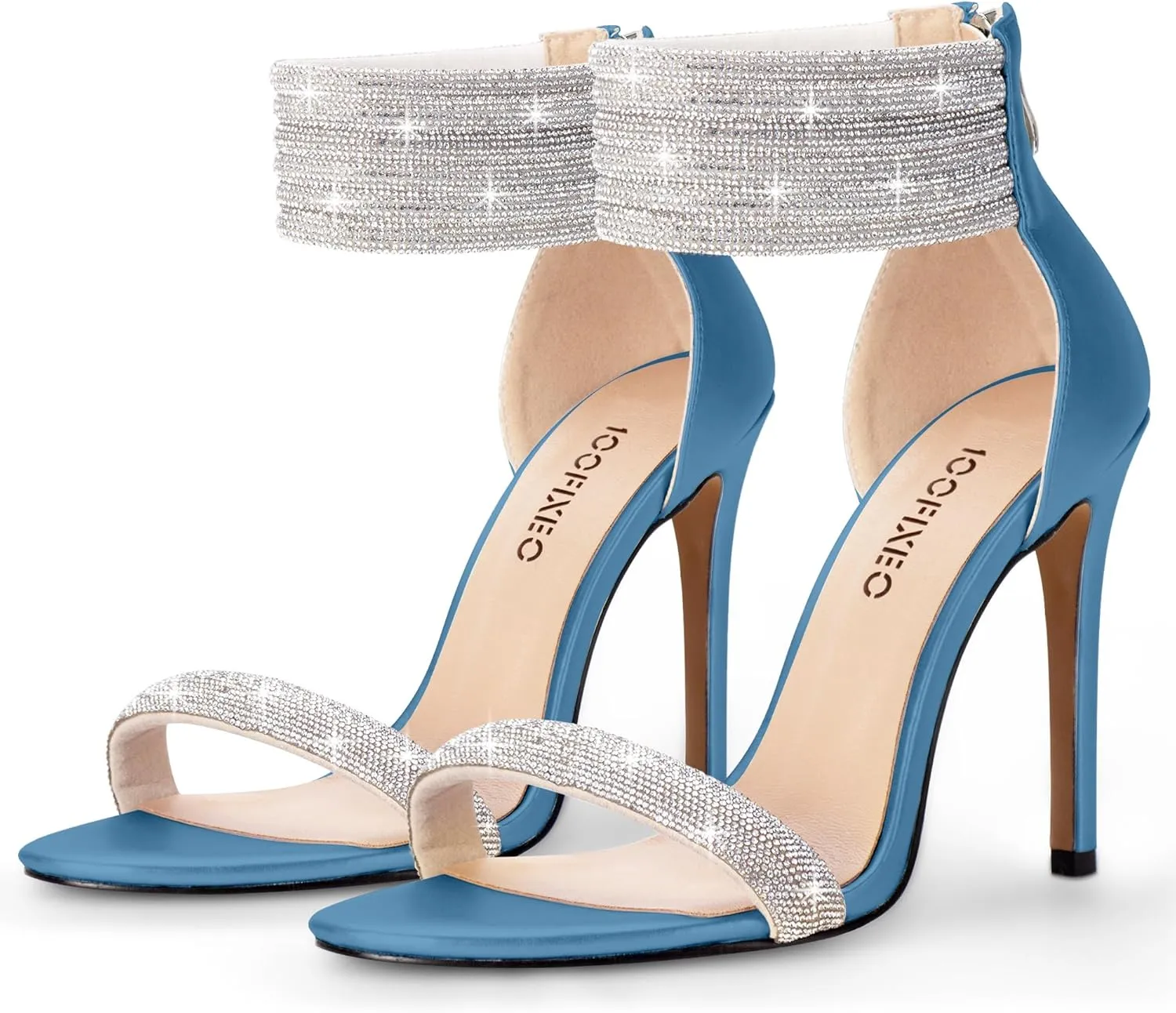 100FIXEO Sexy High Heeled Rhinestone Sandals Elegant Open Toe ankle strap Stiletto Heel Wedding Dress Shoes
