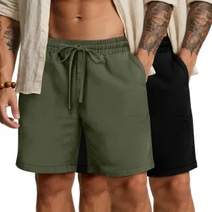 2 Pack Men's Big and Tall Linen Bermuda Shorts Casual Drawstring Summer Cotton Beach Shorts with Pocket