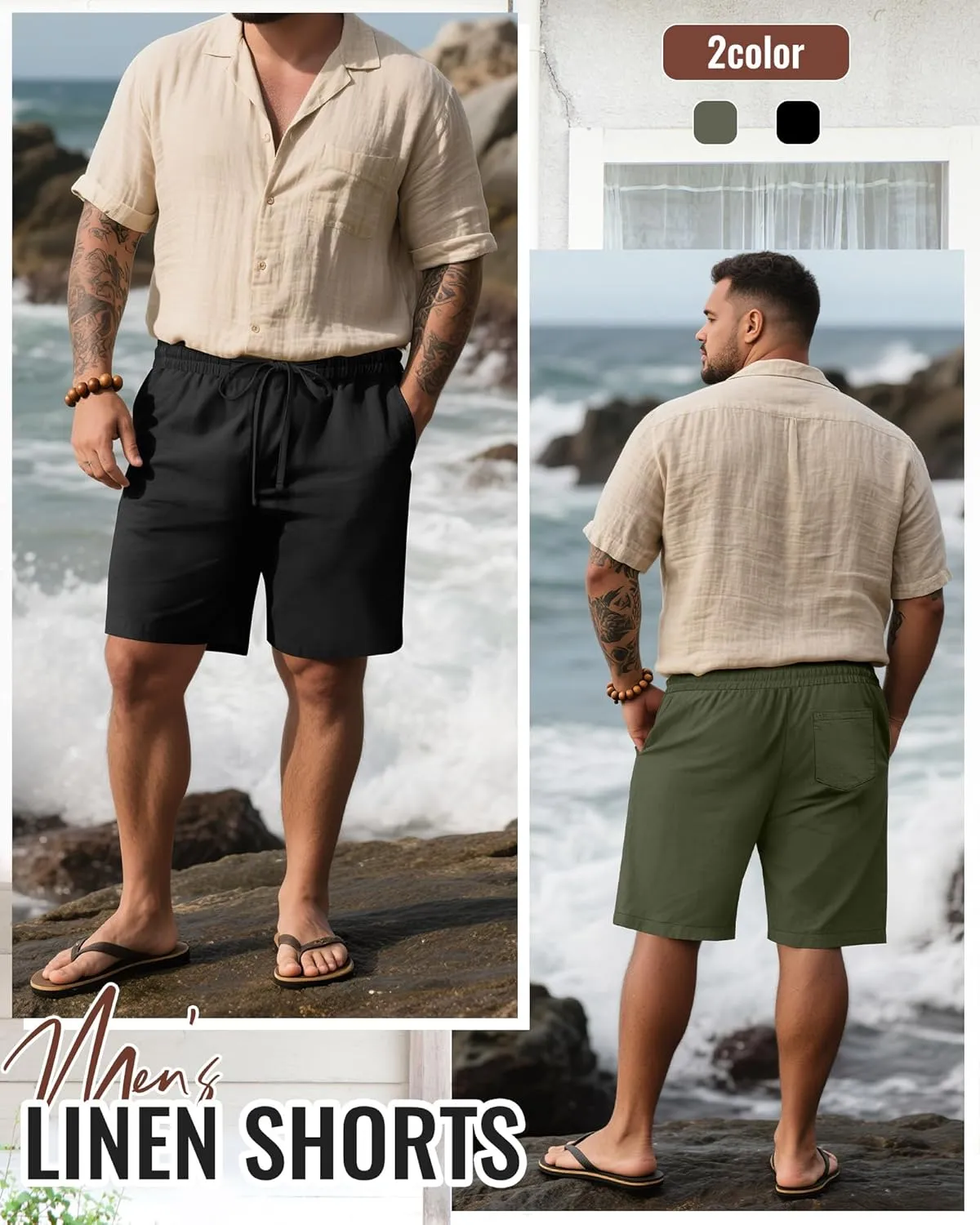 2 Pack Men's Big and Tall Linen Bermuda Shorts Casual Drawstring Summer Cotton Beach Shorts with Pocket