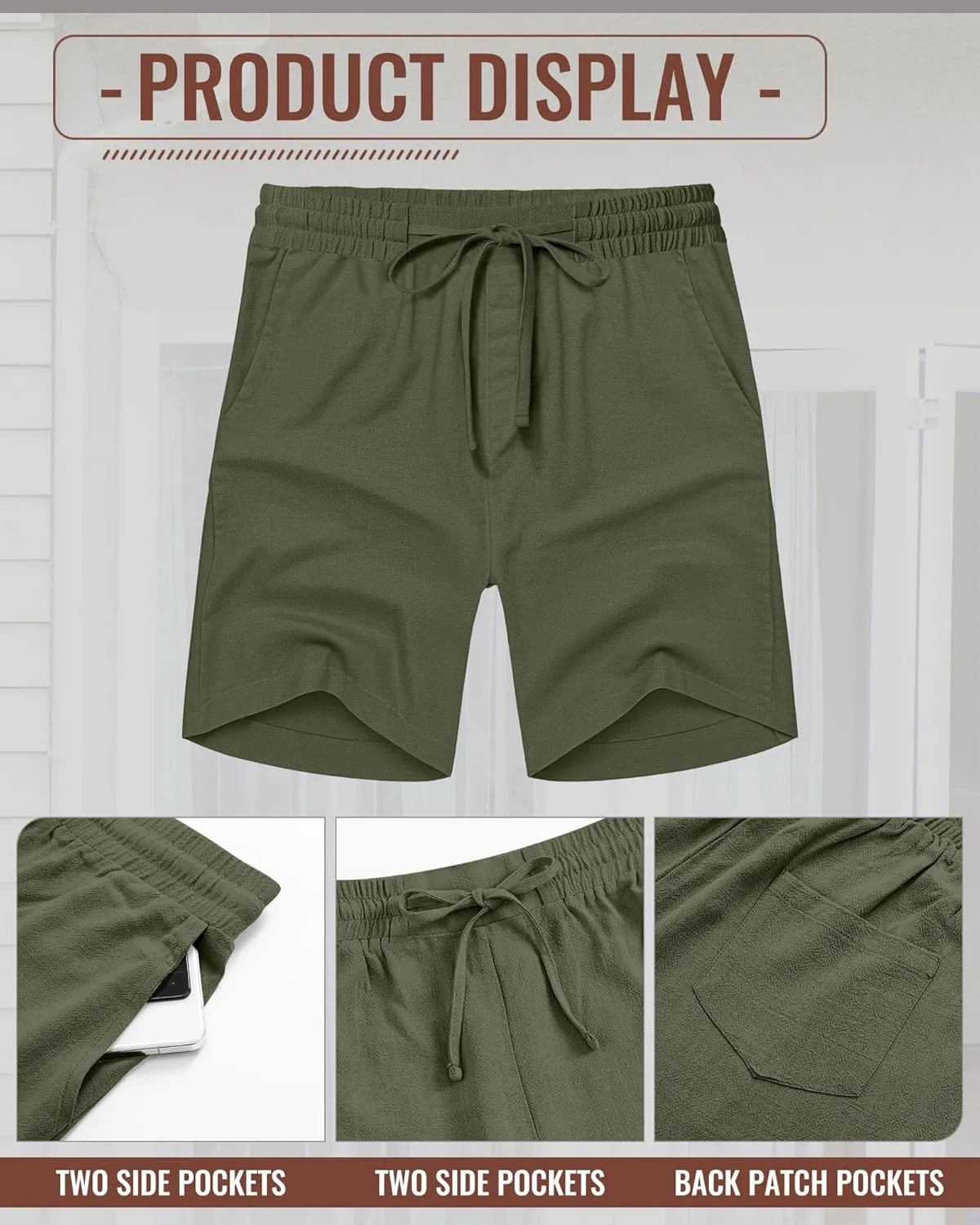 2 Pack Men's Big and Tall Linen Bermuda Shorts Casual Drawstring Summer Cotton Beach Shorts with Pocket