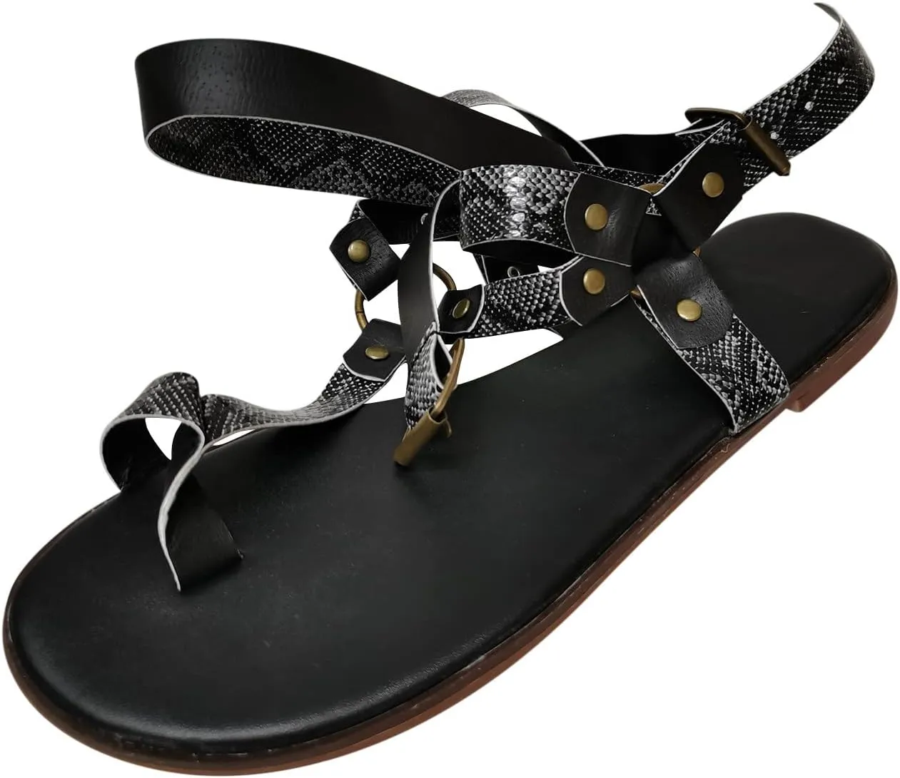 2025 Hot Snakeskin Clip Toe Flat Sandals for Women Classic Lace-Up Gladiator Roman Sandales Summer Beach Resort Wear