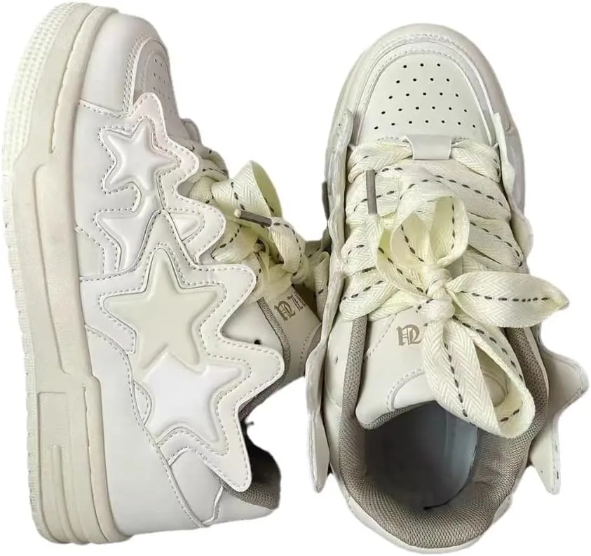 4 Star Patch, Chunky Sneakers Unisex, Chunky Laces, Contrast Color, Round Toe, Height Boost, Y2K Street Platform Shoes