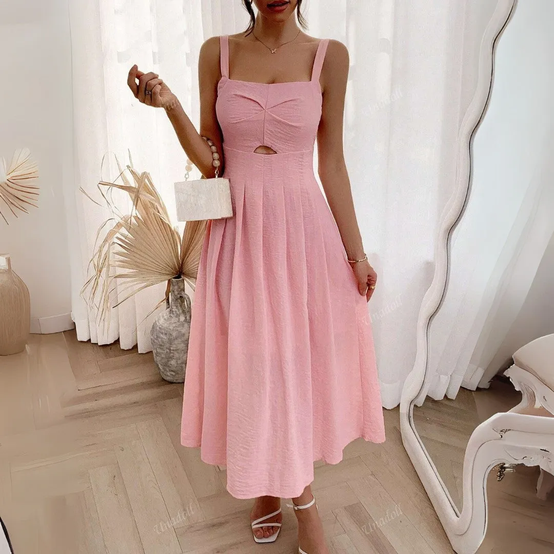 A-Line Midi Sundress with Cut-Out Waist and Sleeveless Design