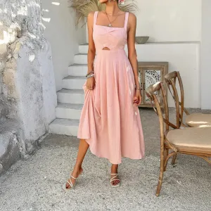 A-Line Midi Sundress with Cut-Out Waist and Sleeveless Design