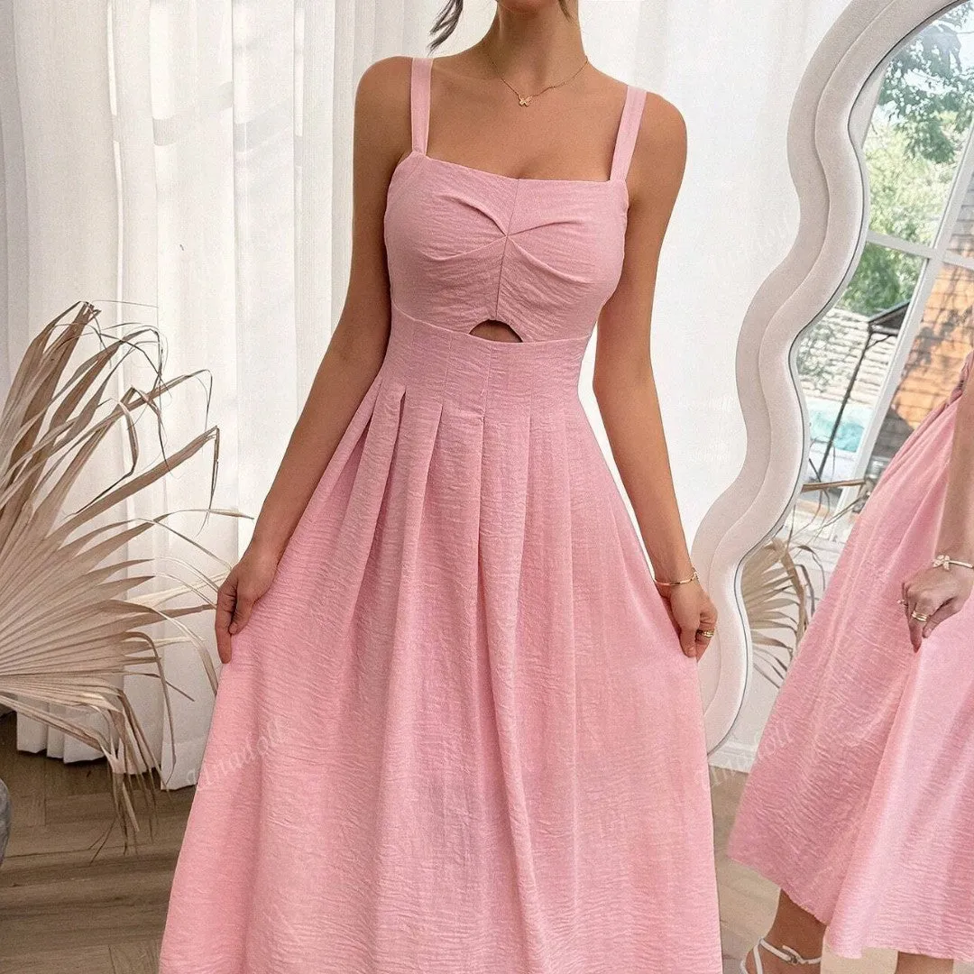 A-Line Midi Sundress with Cut-Out Waist and Sleeveless Design