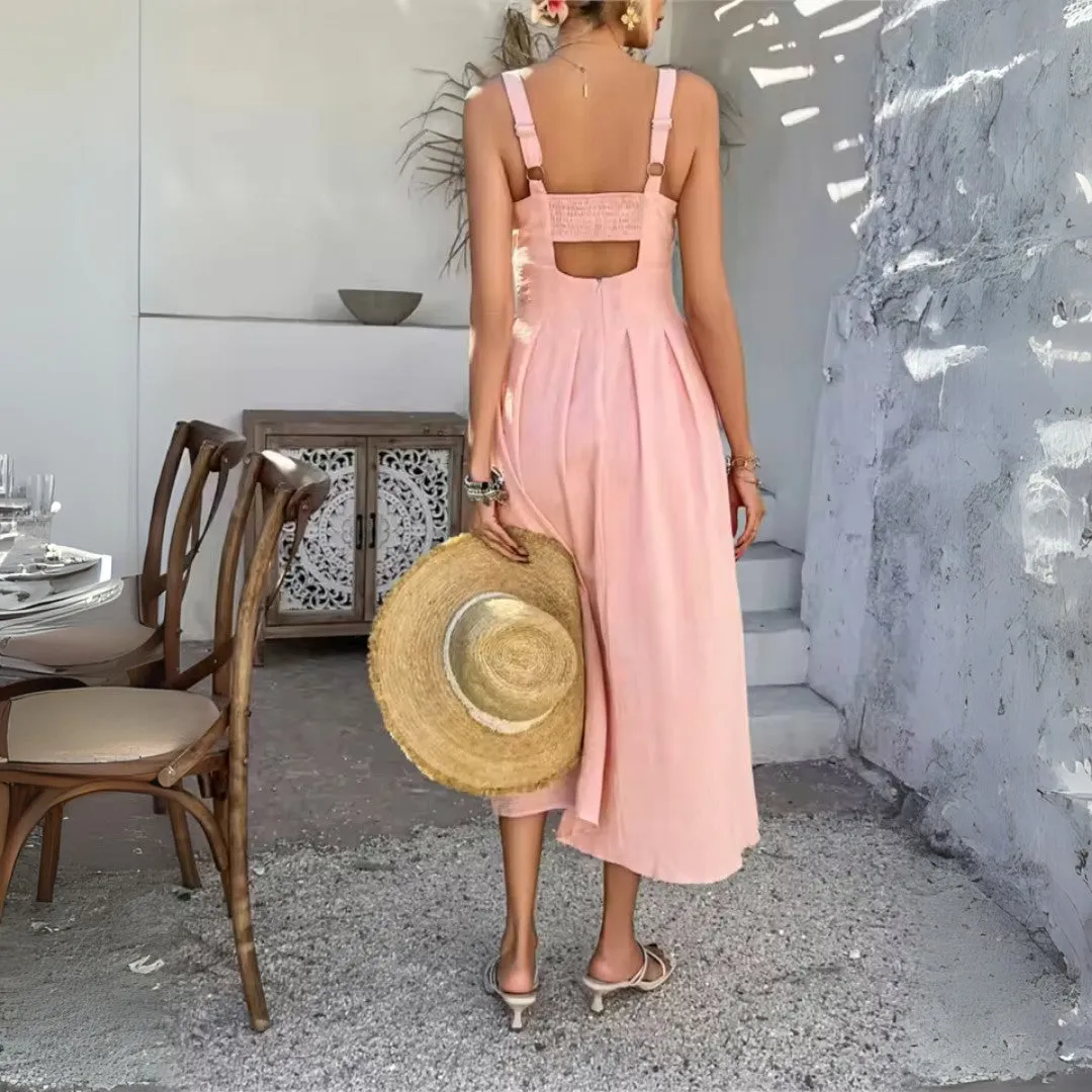 A-Line Midi Sundress with Cut-Out Waist and Sleeveless Design