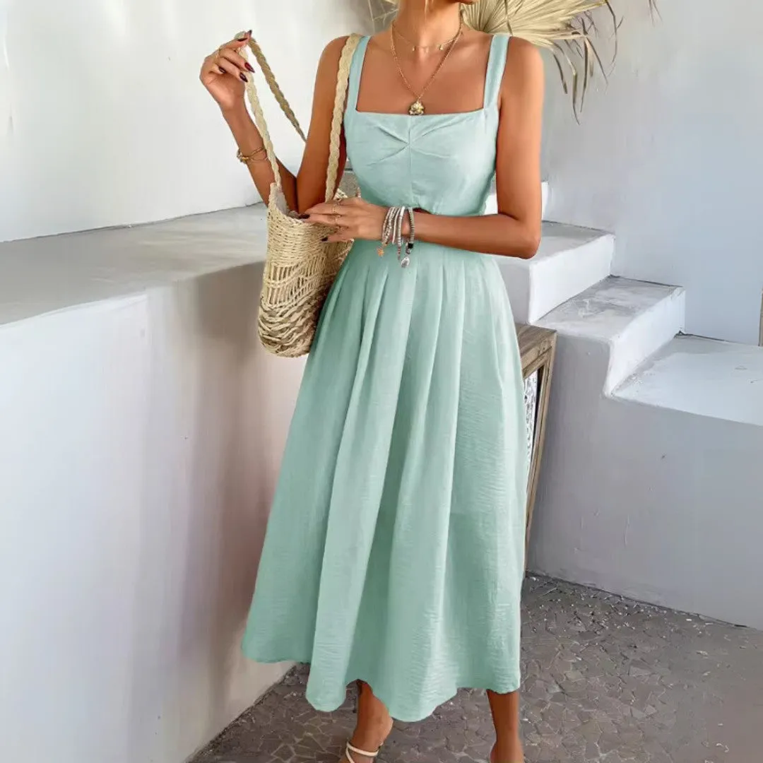 A-Line Midi Sundress with Cut-Out Waist and Sleeveless Design