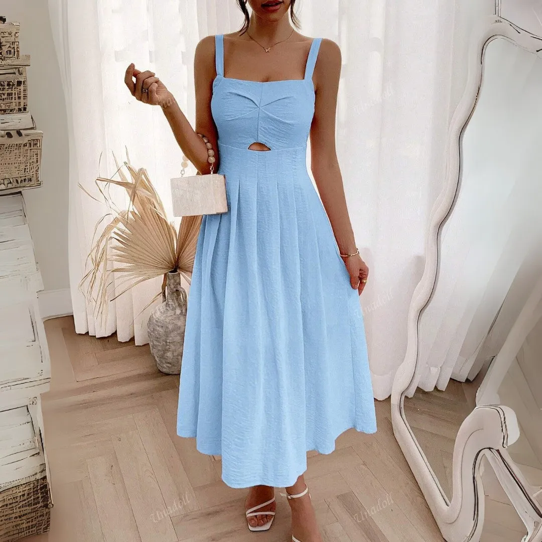 A-Line Midi Sundress with Cut-Out Waist and Sleeveless Design