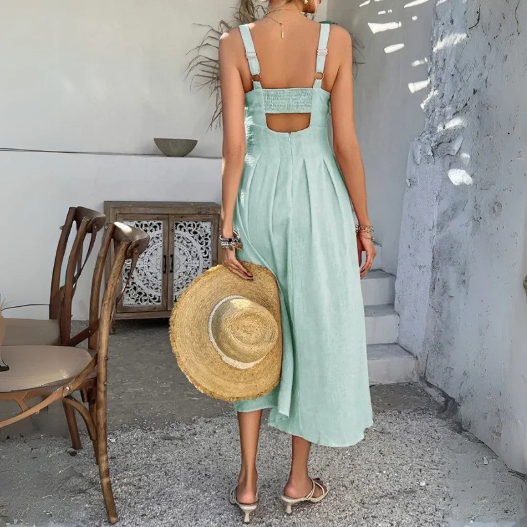 A-Line Midi Sundress with Cut-Out Waist and Sleeveless Design