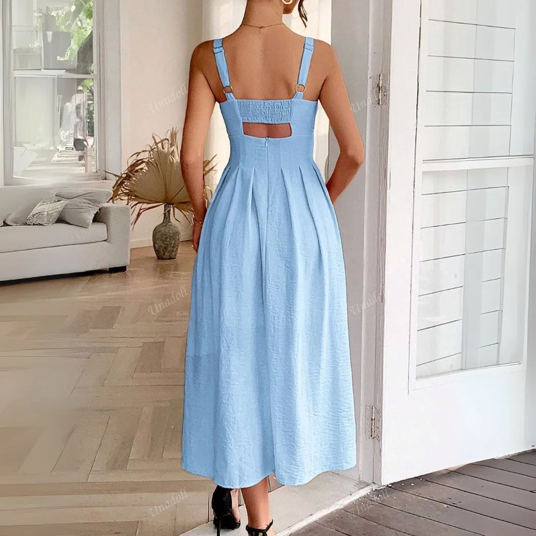 A-Line Midi Sundress with Cut-Out Waist and Sleeveless Design