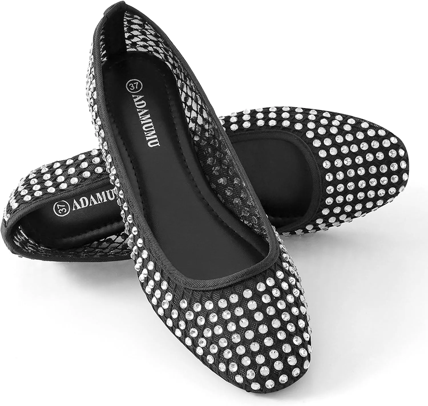 ADAMUMU Rhinestone Flats for Women Sparkly Crystals Ballerina Shoes Crystals Sparkly Mary Jane Flats Round Toe Buckle Strap Design Comfortable and Non Slip Sole Flat for Daily Wear and Work