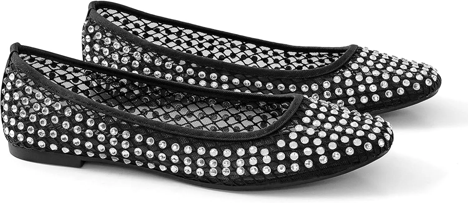 ADAMUMU Rhinestone Flats for Women Sparkly Crystals Ballerina Shoes Crystals Sparkly Mary Jane Flats Round Toe Buckle Strap Design Comfortable and Non Slip Sole Flat for Daily Wear and Work