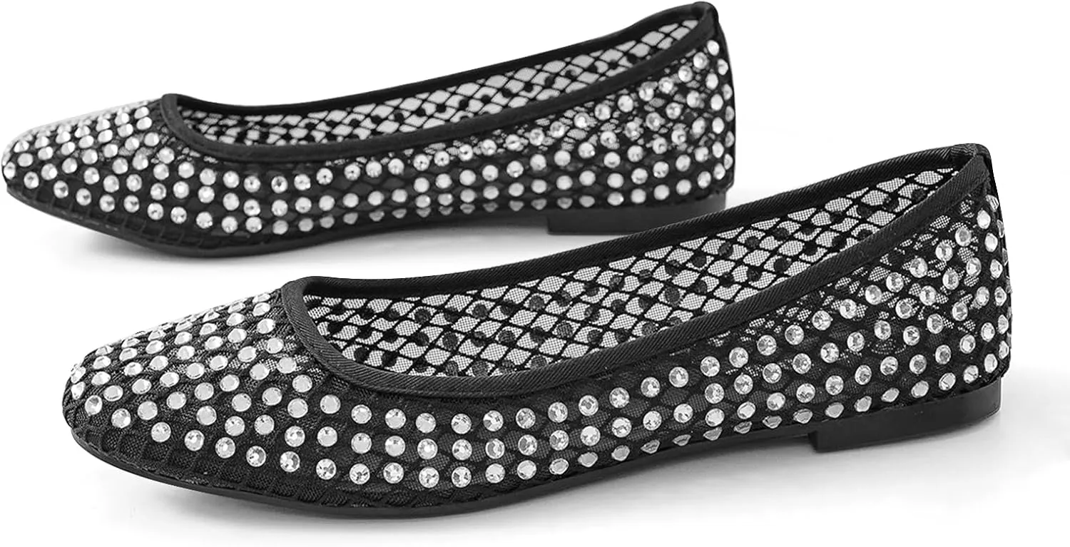 ADAMUMU Rhinestone Flats for Women Sparkly Crystals Ballerina Shoes Crystals Sparkly Mary Jane Flats Round Toe Buckle Strap Design Comfortable and Non Slip Sole Flat for Daily Wear and Work