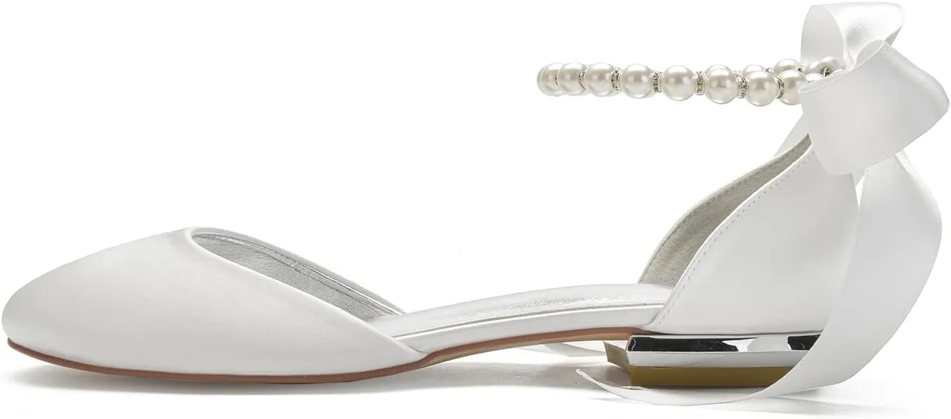 ADMLZQQ Women's Pointed Toe Pearl Satin Wedding Shoes for Bride Flats Ankle Strap Bridal Shoes Formal Prom Party Dress Sandals