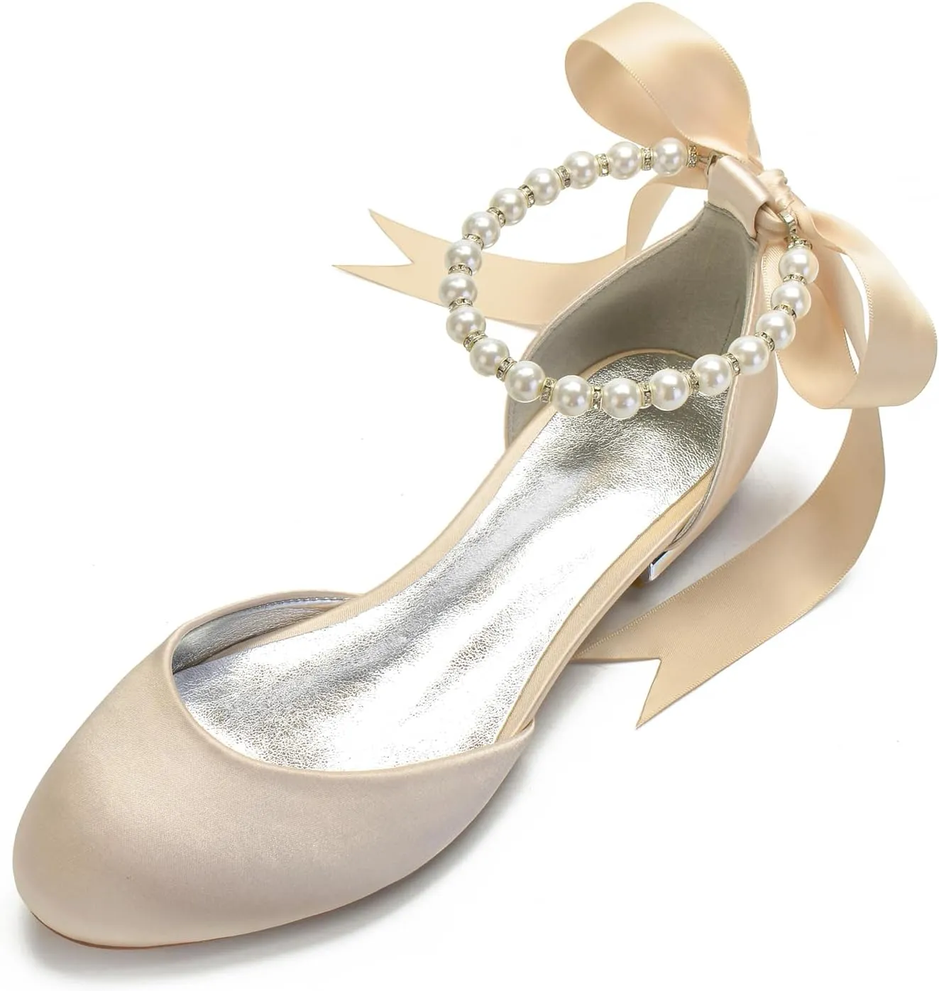 ADMLZQQ Women's Pointed Toe Pearl Satin Wedding Shoes for Bride Flats Ankle Strap Bridal Shoes Formal Prom Party Dress Sandals