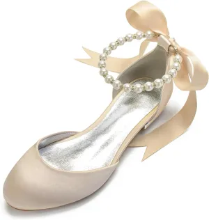 ADMLZQQ Women's Pointed Toe Pearl Satin Wedding Shoes for Bride Flats Ankle Strap Bridal Shoes Formal Prom Party Dress Sandals