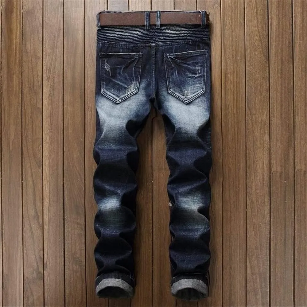 AITITIA Men's Biker Zipper Deco Washed Straight Fit Jeans