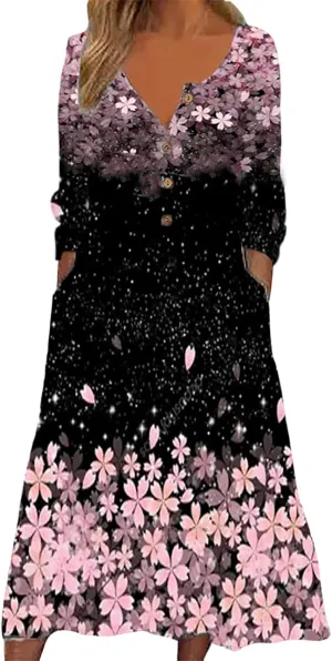 Akivide Women's Boho Colorful Floral Print Long Sleeve Maxi Dress Button Casual Loose Fall Vacation Dresses with Pockets