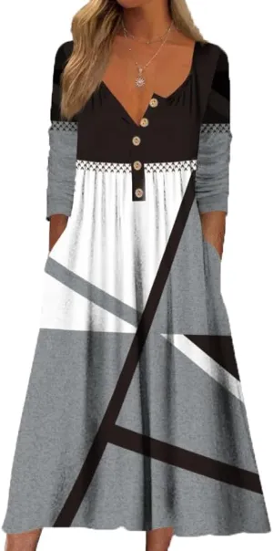 Akivide Women's Boho Colorful Floral Print Long Sleeve Maxi Dress Button Casual Loose Fall Vacation Dresses with Pockets