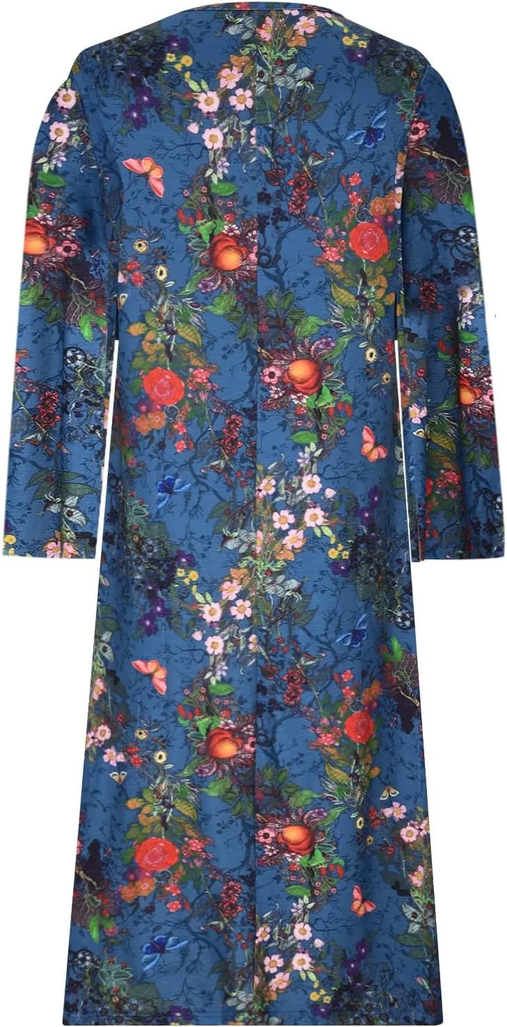Akivide Women's Boho Colorful Floral Print Long Sleeve Maxi Dress Button Casual Loose Fall Vacation Dresses with Pockets