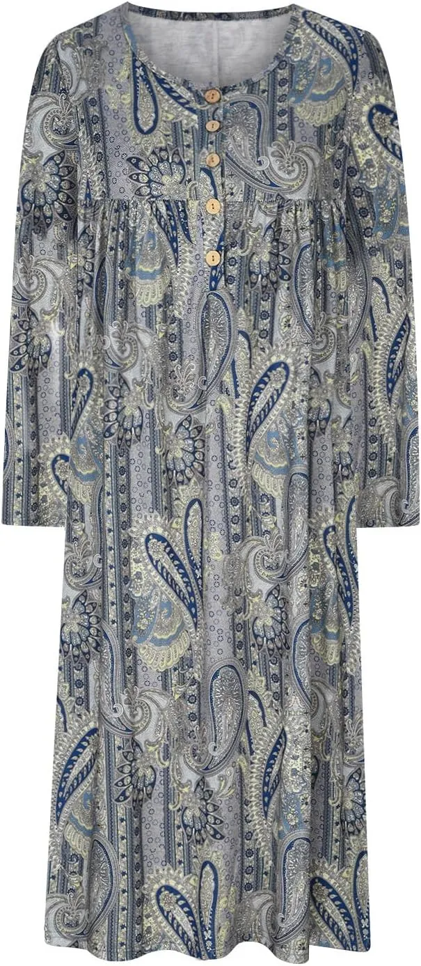 Akivide Women's Boho Colorful Floral Print Long Sleeve Maxi Dress Button Casual Loose Fall Vacation Dresses with Pockets