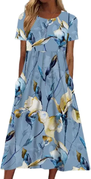 Akivide Womens Boho Floral Flowy Midi Dresses Casual Loose Summer Short Sleeve Beach Dress with Pockets