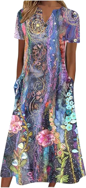 Akivide Womens Short Sleeve Summer Boho Floral Maxi Dress Casual Loose Beach Dresses with Pockets