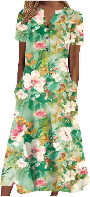 Akivide Womens Short Sleeve Summer Boho Floral Maxi Dress Casual Loose Beach Dresses with Pockets