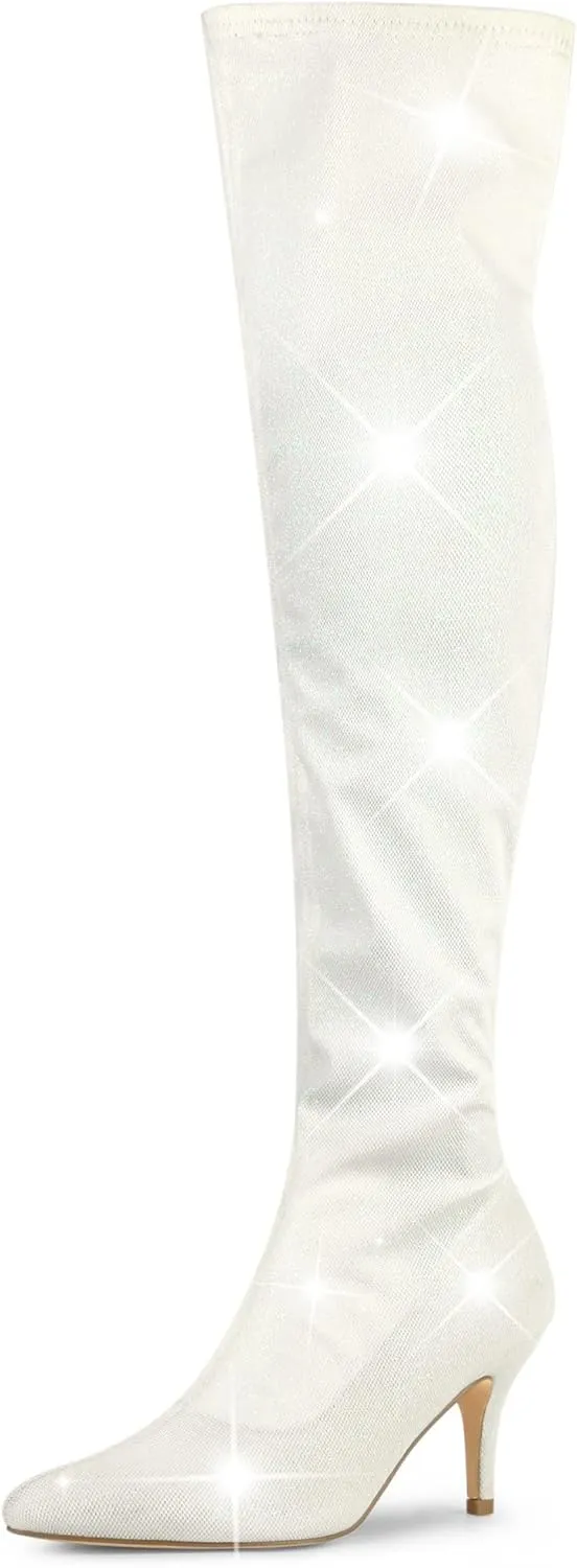 Allegra K Women's Glitter Pointed Toe Stiletto Heels Over the Knee High Boots