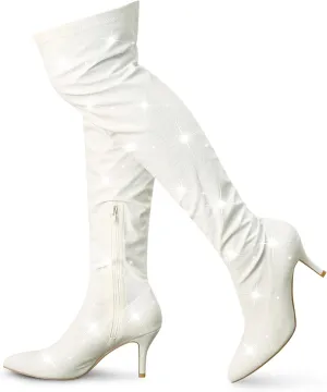 Allegra K Women's Glitter Pointed Toe Stiletto Heels Over the Knee High Boots