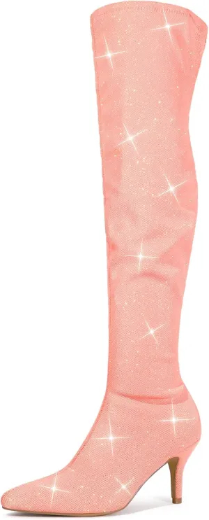 Allegra K Women's Glitter Pointed Toe Stiletto Heels Over the Knee High Boots