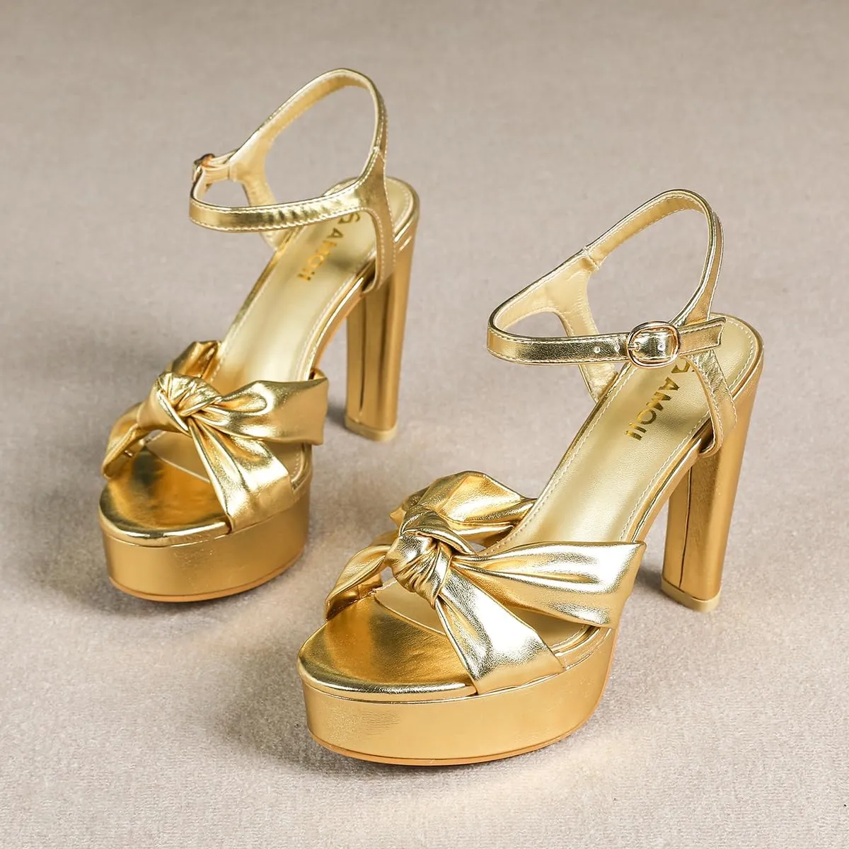 Amoji Women 4 Inch Block Platform Heels Braid Knot Lady Heeled Sandals FZ322