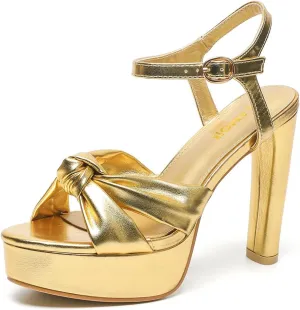 Amoji Women 4 Inch Block Platform Heels Braid Knot Lady Heeled Sandals FZ322
