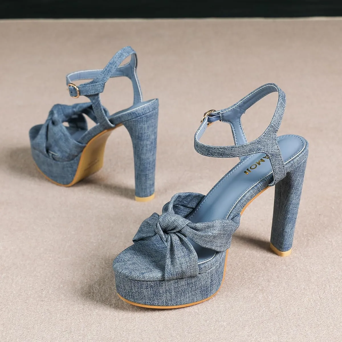 Amoji Women 4 Inch Block Platform Heels Braid Knot Lady Heeled Sandals FZ322
