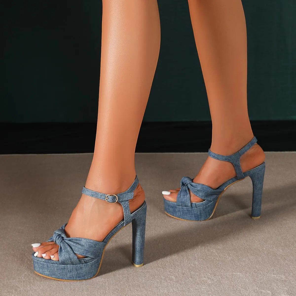 Amoji Women 4 Inch Block Platform Heels Braid Knot Lady Heeled Sandals FZ322