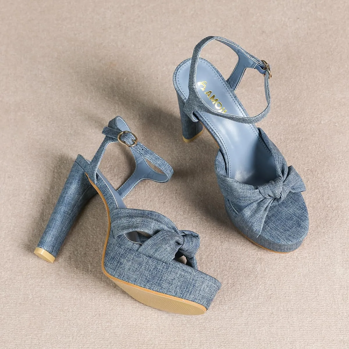 Amoji Women 4 Inch Block Platform Heels Braid Knot Lady Heeled Sandals FZ322