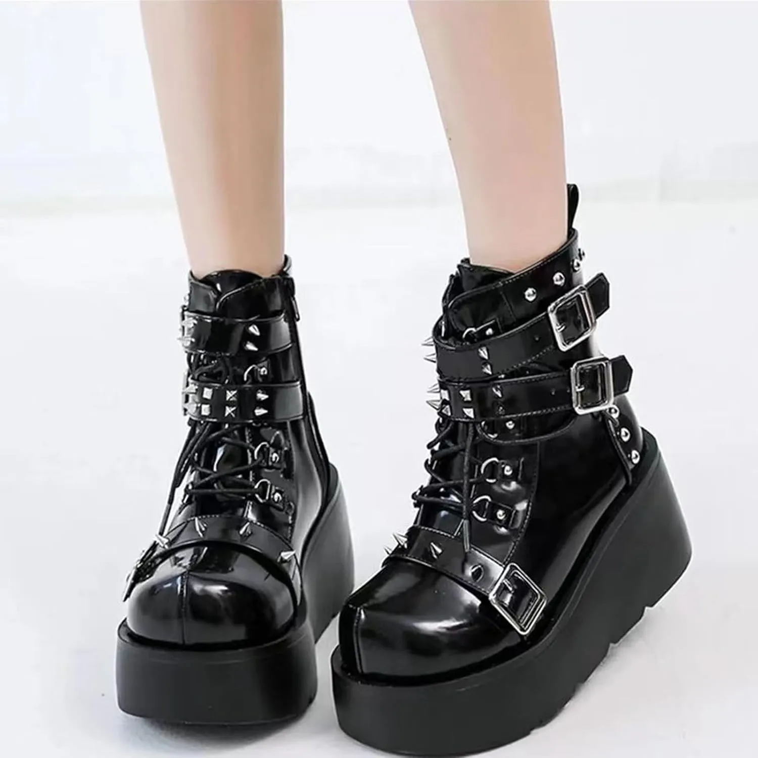 Ankle Boots for Women, Chunky Platform Boot, Goth Lace-up Combat Boots, Motorcycle Holographic Shoes