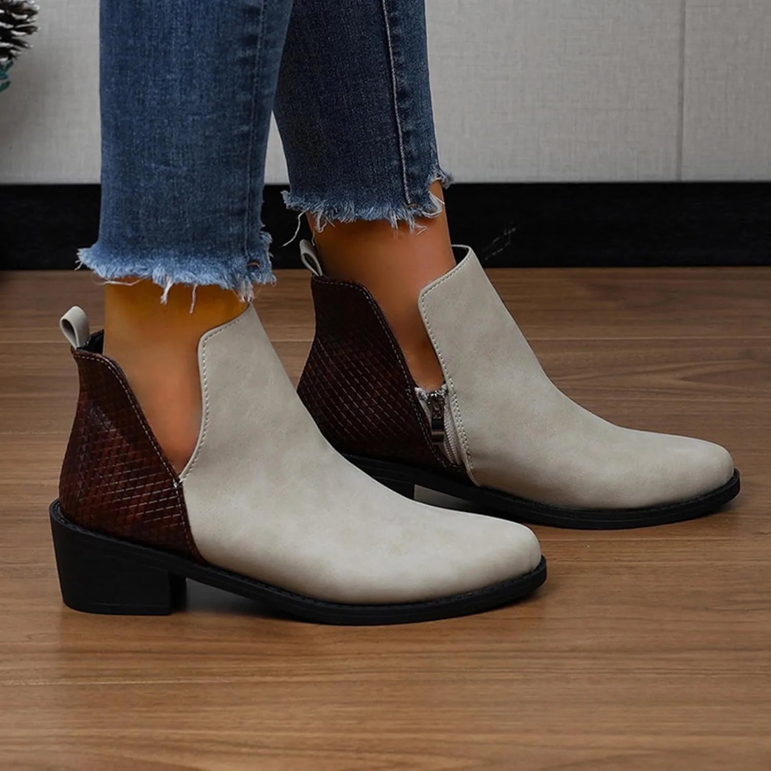 Ankle Boots Womens England Style Leather Splicing Chunky Heel Boots Pointed Toe Low Zipper Design Single Boots