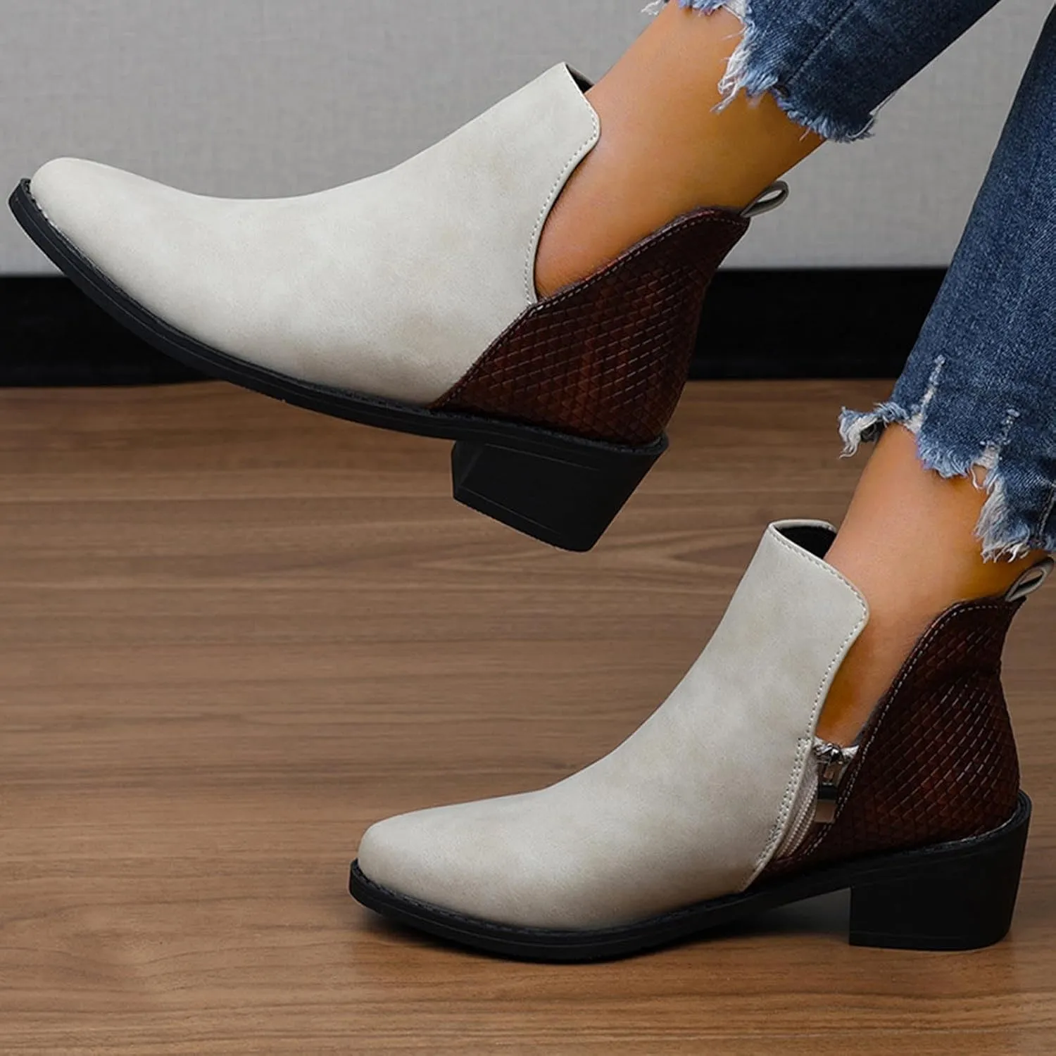 Ankle Boots Womens England Style Leather Splicing Chunky Heel Boots Pointed Toe Low Zipper Design Single Boots
