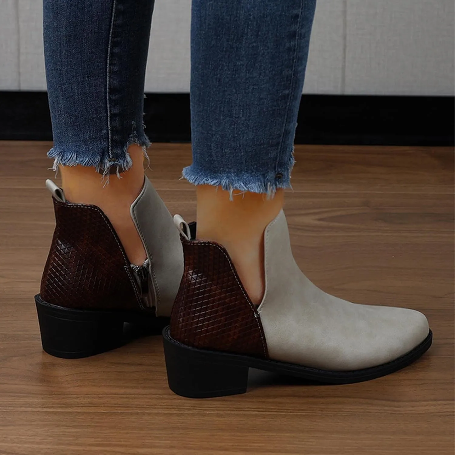 Ankle Boots Womens England Style Leather Splicing Chunky Heel Boots Pointed Toe Low Zipper Design Single Boots