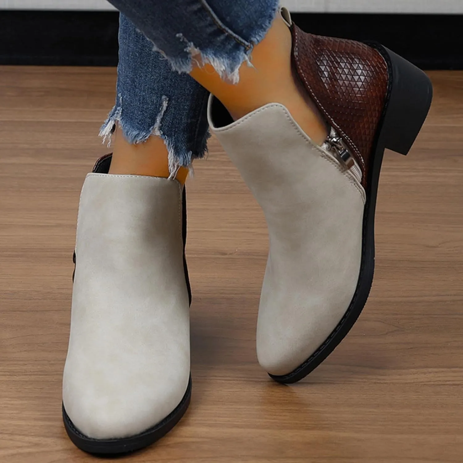 Ankle Boots Womens England Style Leather Splicing Chunky Heel Boots Pointed Toe Low Zipper Design Single Boots